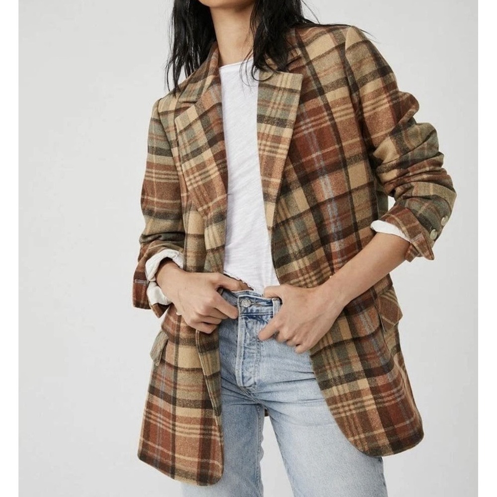 Free People Mari Plaid Vintage Oversize Blazer Jacket Wool Academia Preppy
